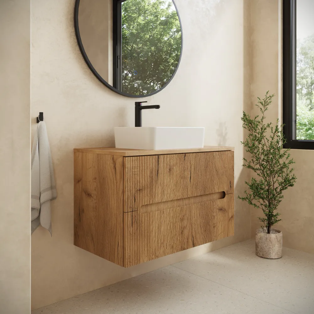 Mobile bagno sospeso 70cm due cassetti rovere chiaro cannettato con top | Tigua