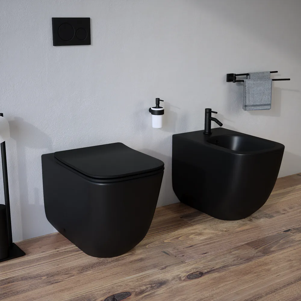 Sanitari filomuro in ceramica nero opaco vaso tornado silent flush sedile soft-close e bidet | Riga Sanitari filomuro in ceramica nero opaco vaso tornado silent flush sedile soft-close e bidet | Riga