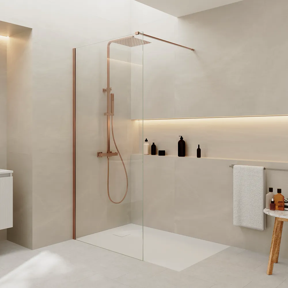 Doccia walk-in 120 cm vetro 8mm anticalcare h200 profilo rame spazzolato | Keros