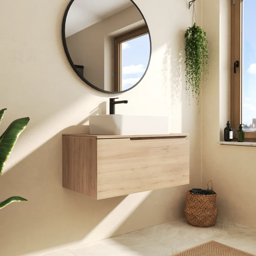 Mobile bagno sospeso 70 cm un cassetto rovere chiaro con top | Berg