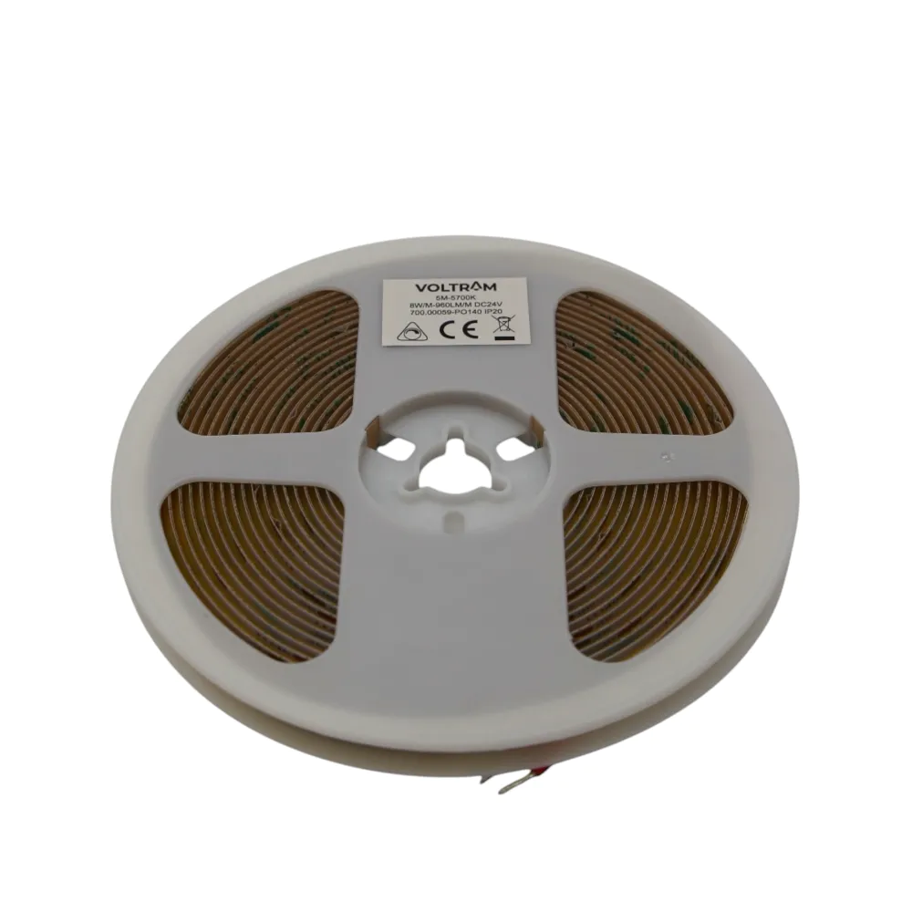 Striscia LED COB 24V 384LED/m 5m tagliabile ogni 8,3cm 8W/m luce calda 2700K