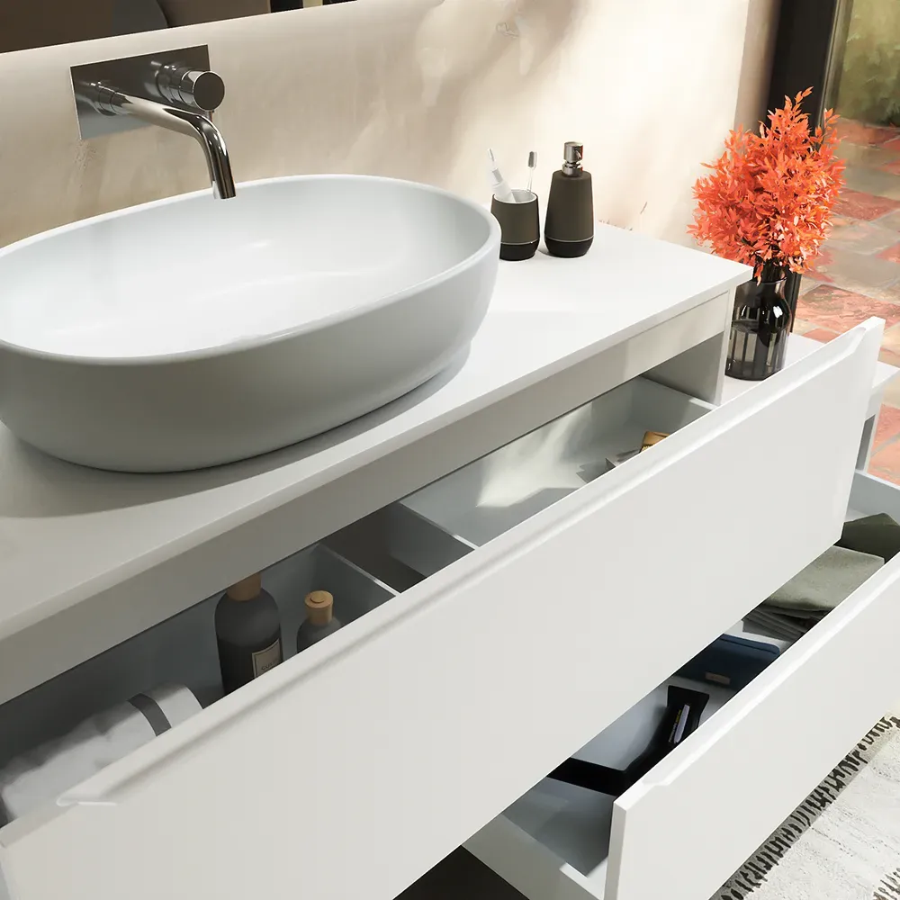 Mobile bagno sospeso modulare 120 cm bianco opaco due cassetti con top | Bako