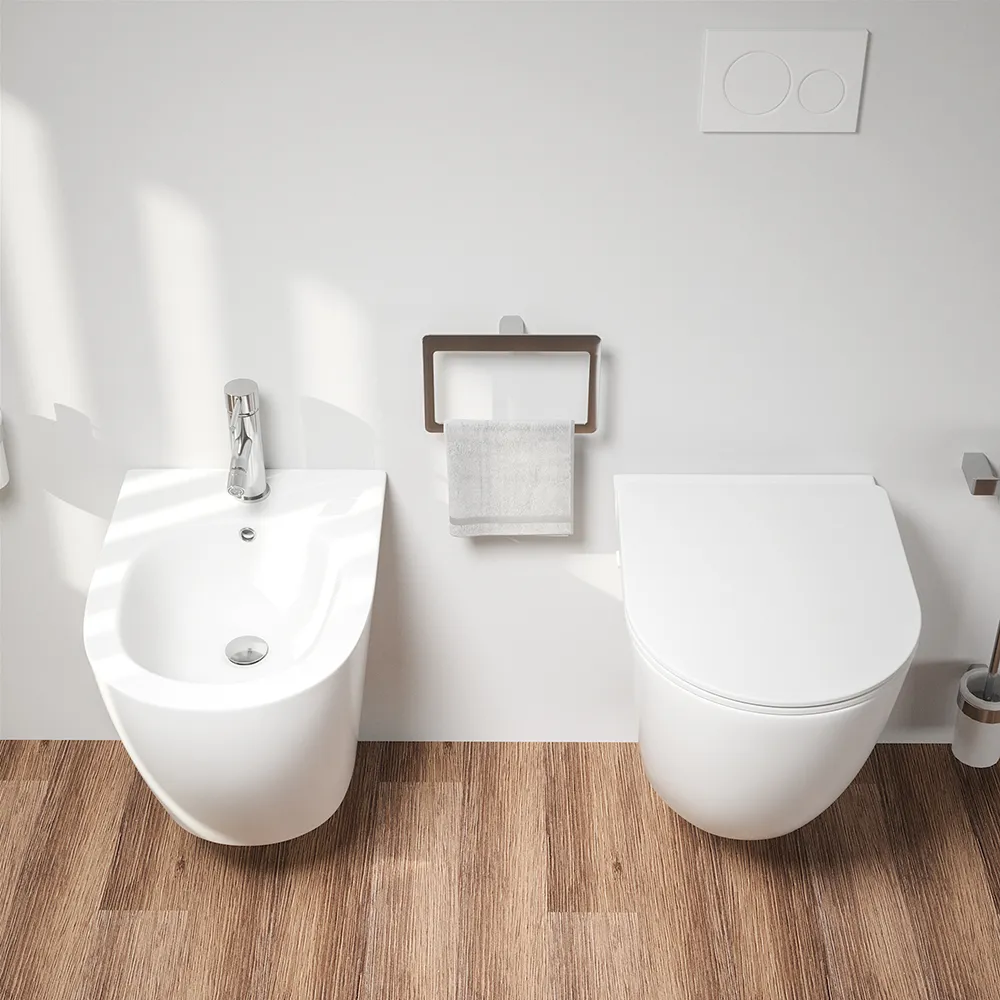 Coppia di sanitari sospesi in ceramica bianco opaco vaso rimless con copriwc soft-close e bidet | Europa Small Coppia di sanitari sospesi in ceramica bianco opaco vaso rimless con copriwc soft-close e bidet | Europa Small