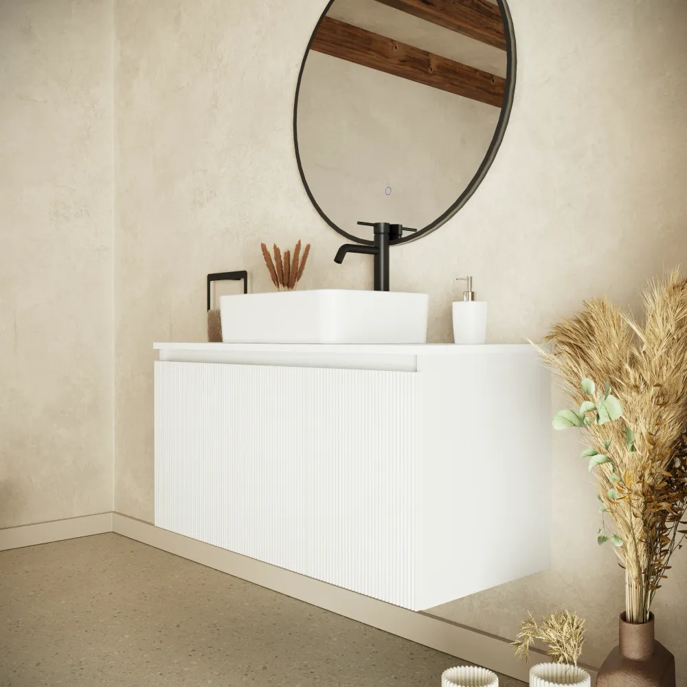 Mobile bagno sospeso 100cm bianco opaco cannettato 3 ante con top | Pelion