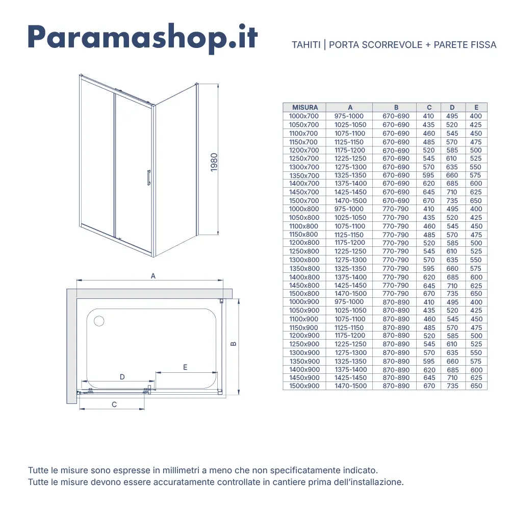 Box doccia 70x100 cm scorrevole vetro temperato 6mm trasparente h198 | Tahiti Box doccia 70x100 cm scorrevole vetro temperato 6mm trasparente h198 | Tahiti