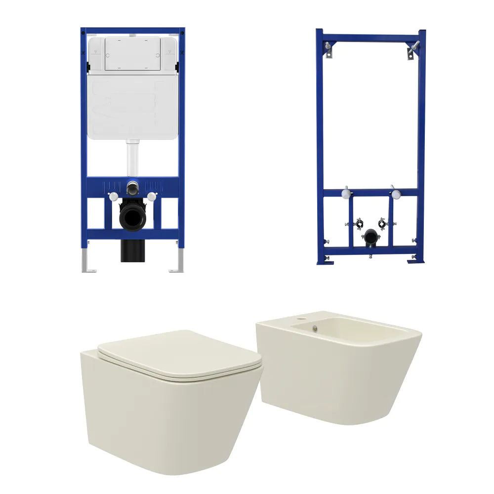 Kit coppia sanitari sospesi WC e bidet con sistema di scarico da incasso e telaio per bidet mod. Kyoto khaki opaco
