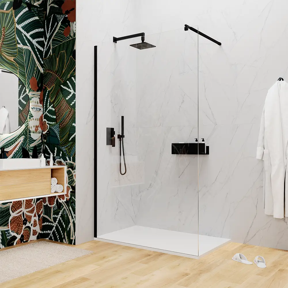 Parete doccia walk-in mod. Keros con profili nero opaco e vetro 8mm trasparente Parete doccia walk-in mod. Keros con profili nero opaco e vetro 8mm trasparente