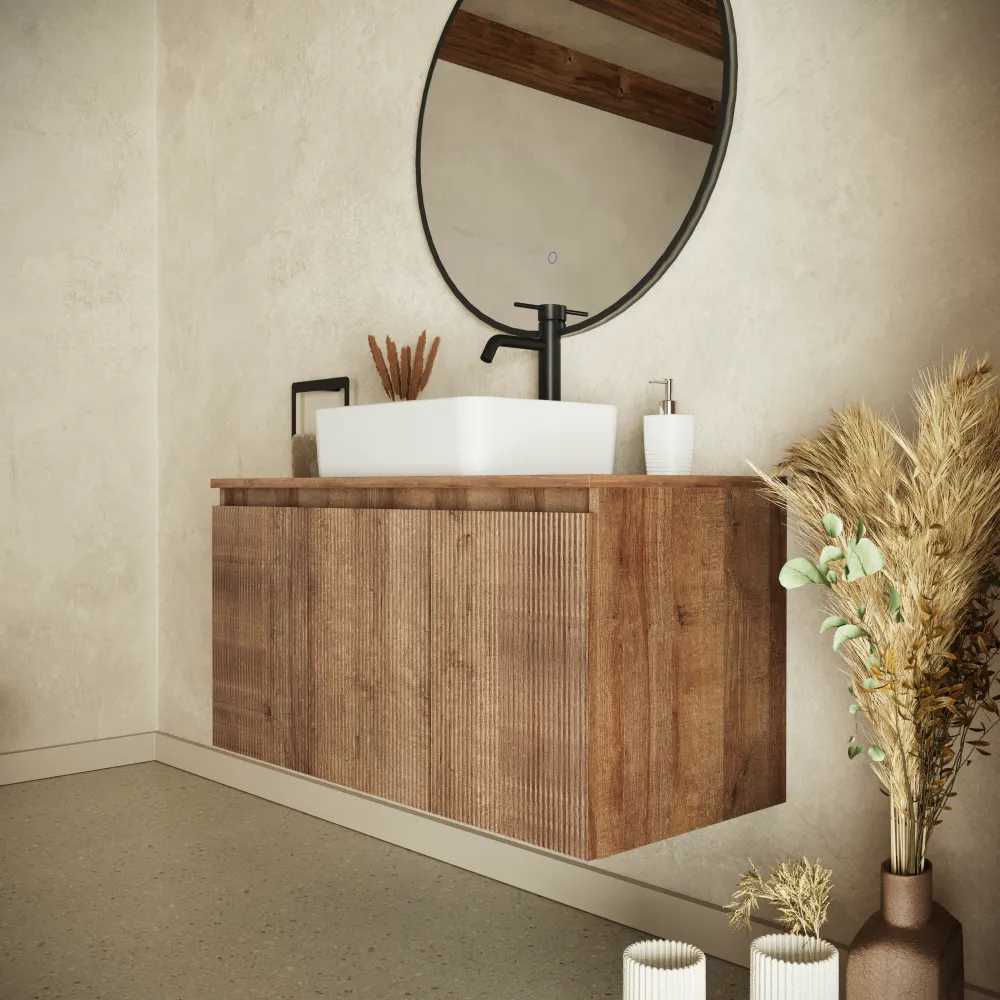 Mobile bagno sospeso 100cm rovere scuro cannettato 3 ante con top | Pelion Mobile bagno sospeso 100cm rovere scuro cannettato 3 ante con top | Pelion