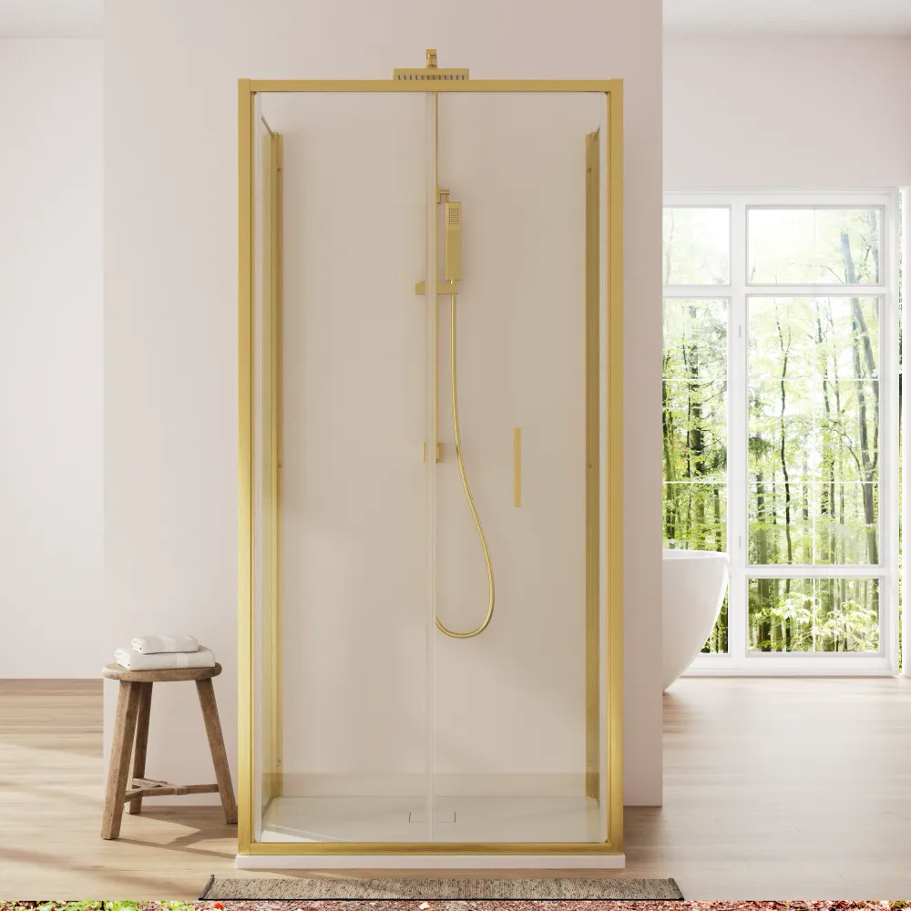 Box doccia 3 lati 70x75x70cm con porta a libro profili oro spazzolato vetro 6mm trasparente anticalcare h190| Portofino Box doccia 3 lati 70x75x70cm con porta a libro profili oro spazzolato vetro 6mm trasparente anticalcare h190| Portofino