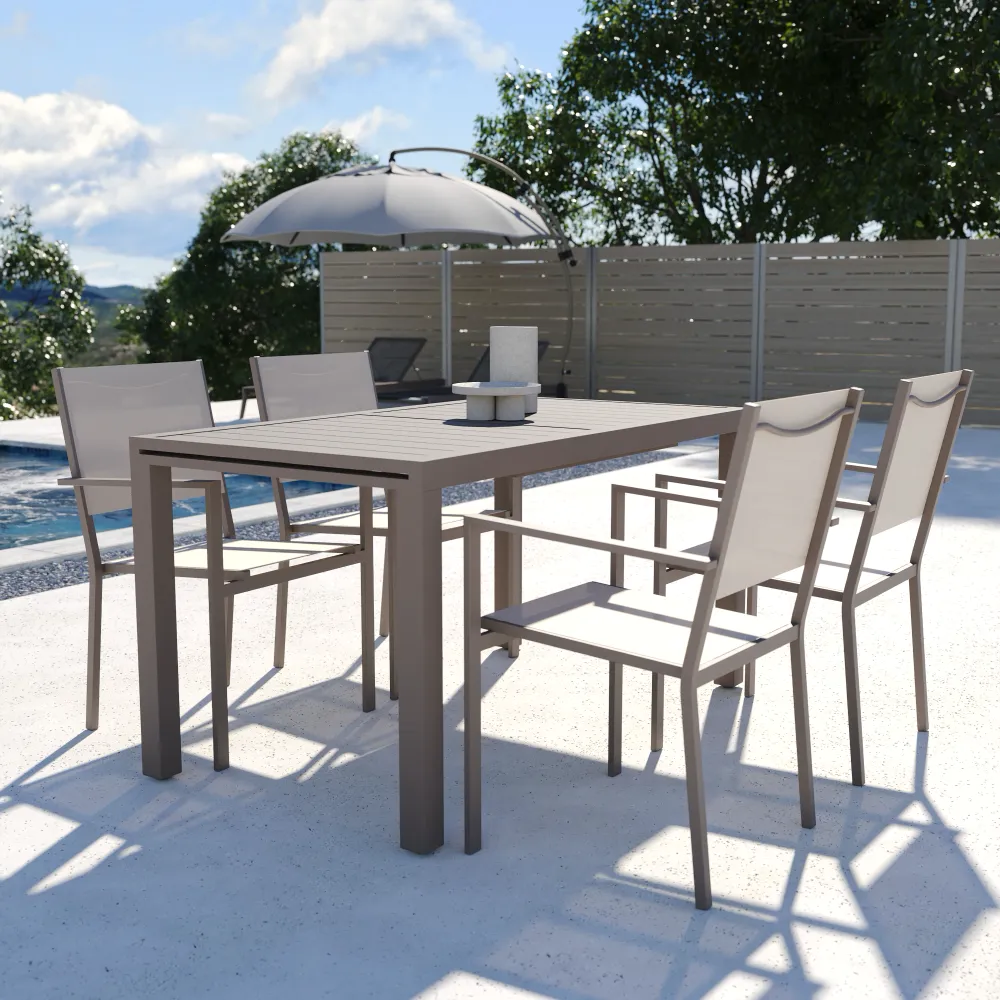 Set da esterno tortora con tavolo allungabile 140/210x75cm e 4 sedie in alluminio e textilene con braccioli squadrati | Marel Set da esterno tortora con tavolo allungabile 140/210x75cm e 4 sedie in alluminio e textilene con braccioli squadrati | Marel