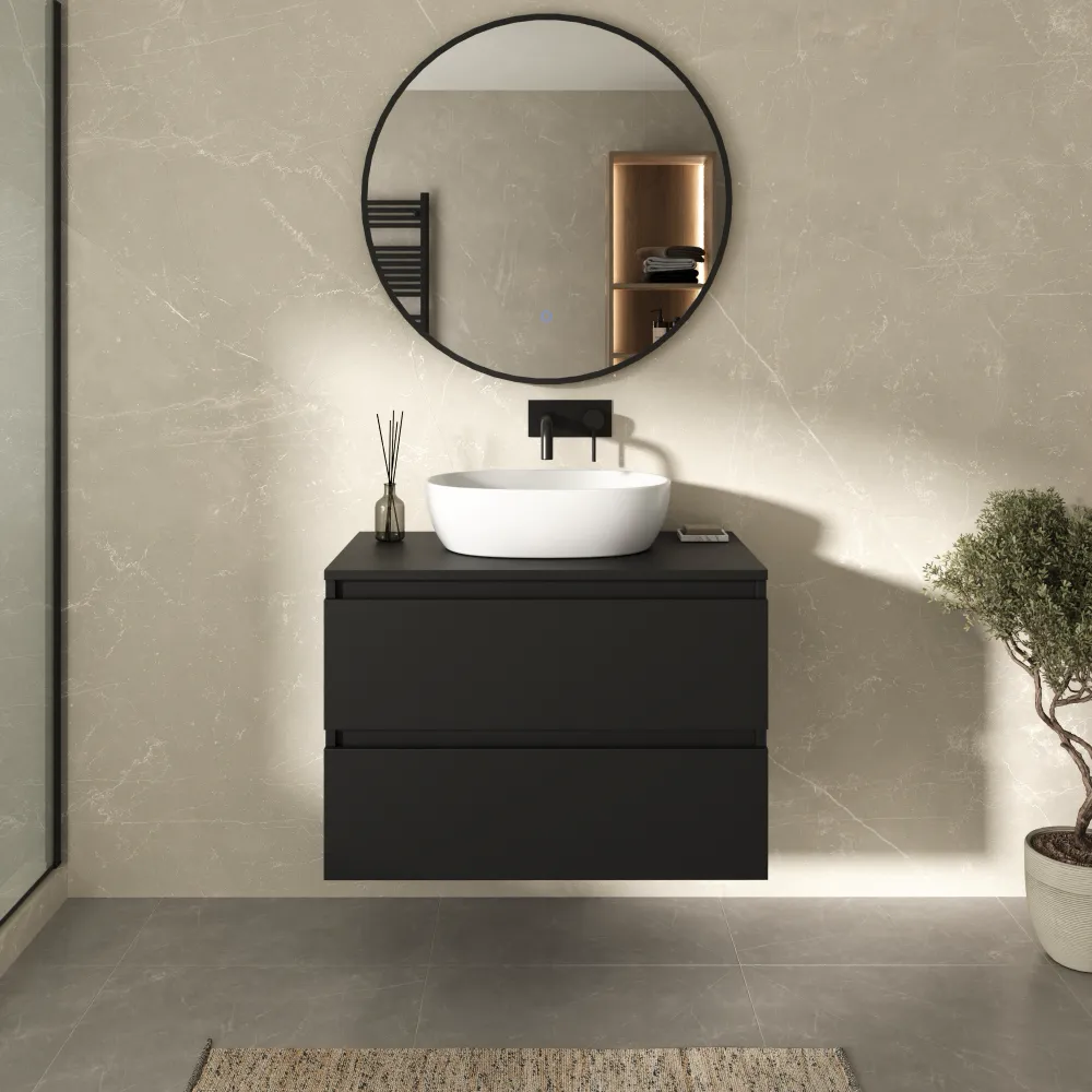 Mobile bagno sospeso 80cm due cassetti nero opaco con top | Hexa