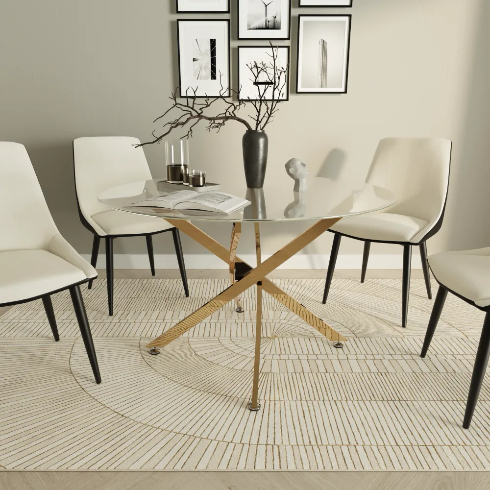 Tavolo rotondo Ø120cm top in vetro temperato trasparente 8mm e gambe incrociate in acciaio dorato | Leif