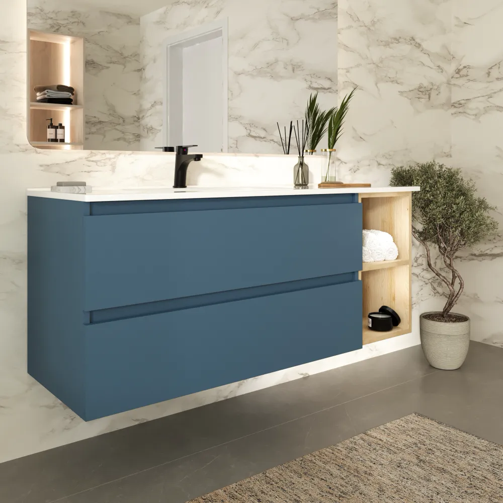 Mobile bagno sospeso 100cm due cassetti alby blue con lavabo sinistro e vano a giorno rovere chiaro | Hexa Mobile bagno sospeso 100cm due cassetti alby blue con lavabo sinistro e vano a giorno rovere chiaro | Hexa