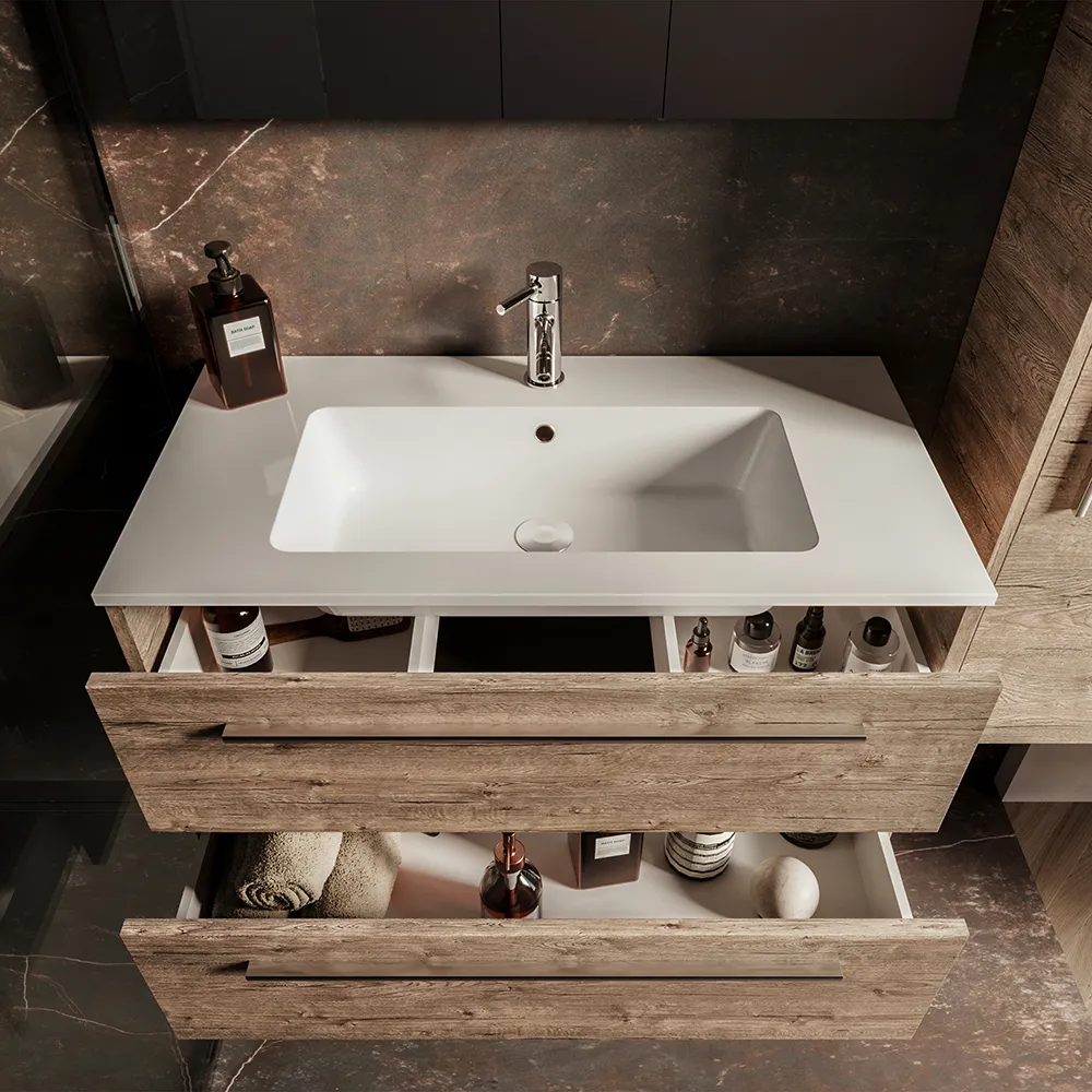 Mobile bagno sospeso 90cm rovere naturale due cassetti soft-close con lavabo e specchio |Aoki Mobile bagno sospeso 90cm rovere naturale due cassetti soft-close con lavabo e specchio |Aoki