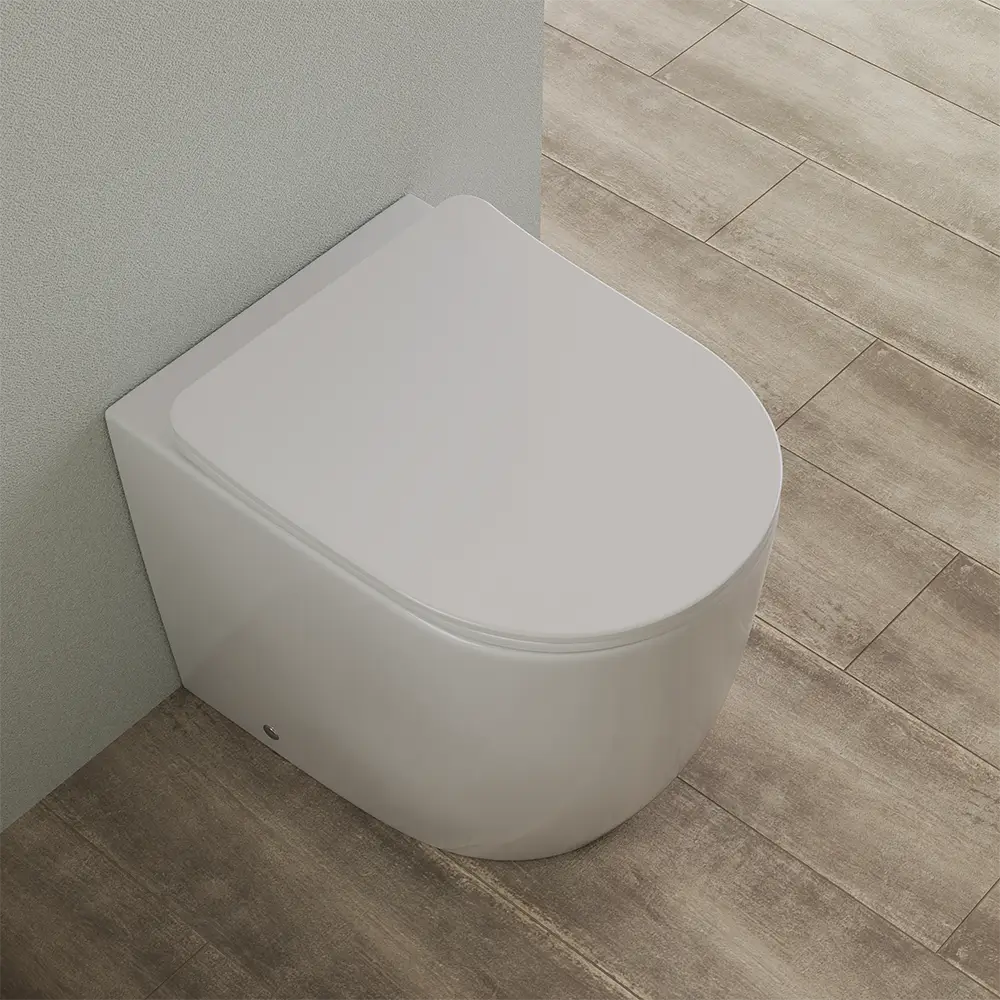 Vista diagonale alta del vaso WC filomuro rimless mod. Praga Vista diagonale alta del vaso WC filomuro rimless mod. Praga