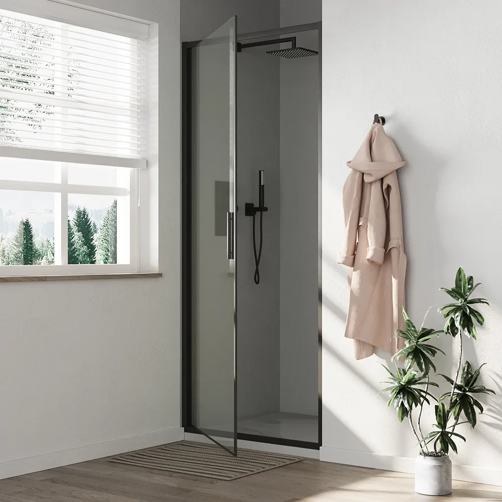 Porta doccia 80cm con apertura a battente profili slim nero opaco vetro 6mm trasparente h190 | Portofino Porta doccia 80cm con apertura a battente profili slim nero opaco vetro 6mm trasparente h190 | Portofino