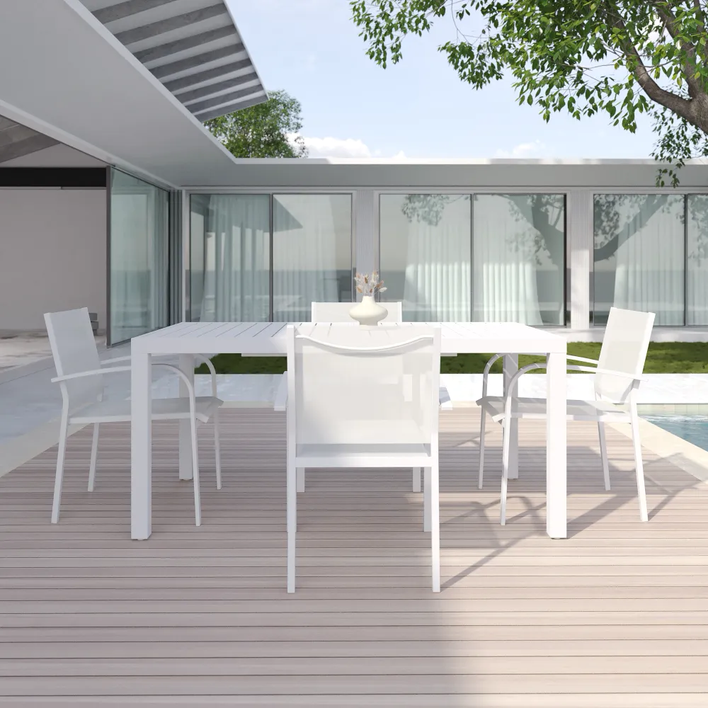 Set da esterno bianco con tavolo allungabile 160/240x75cm e 4 sedie in alluminio e textilene con braccioli tondi | Marel