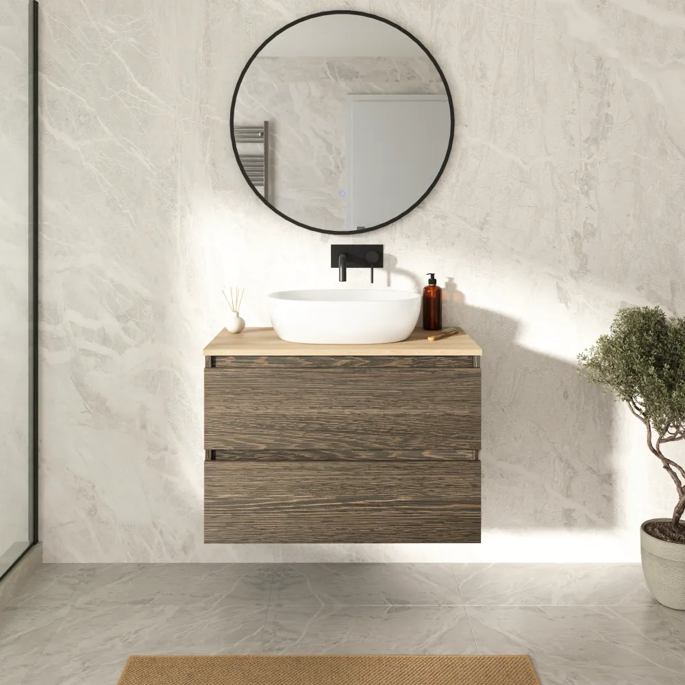 Mobile bagno sospeso 70cm due cassetti rovere scuro con top rovere chiaro | Hexa