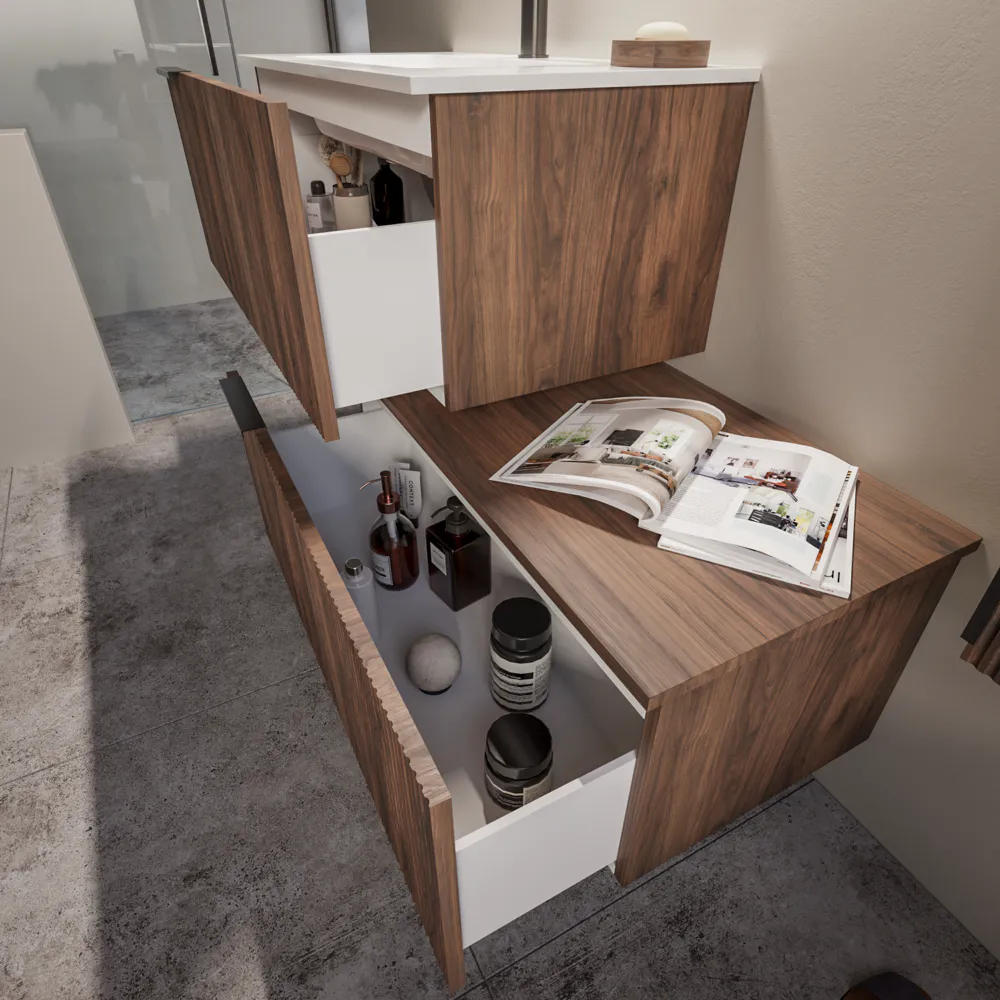 Mobile bagno sospeso modulare cannettato 90 cm rovere scuro due cassetti con lavabo e colonna | Fuji