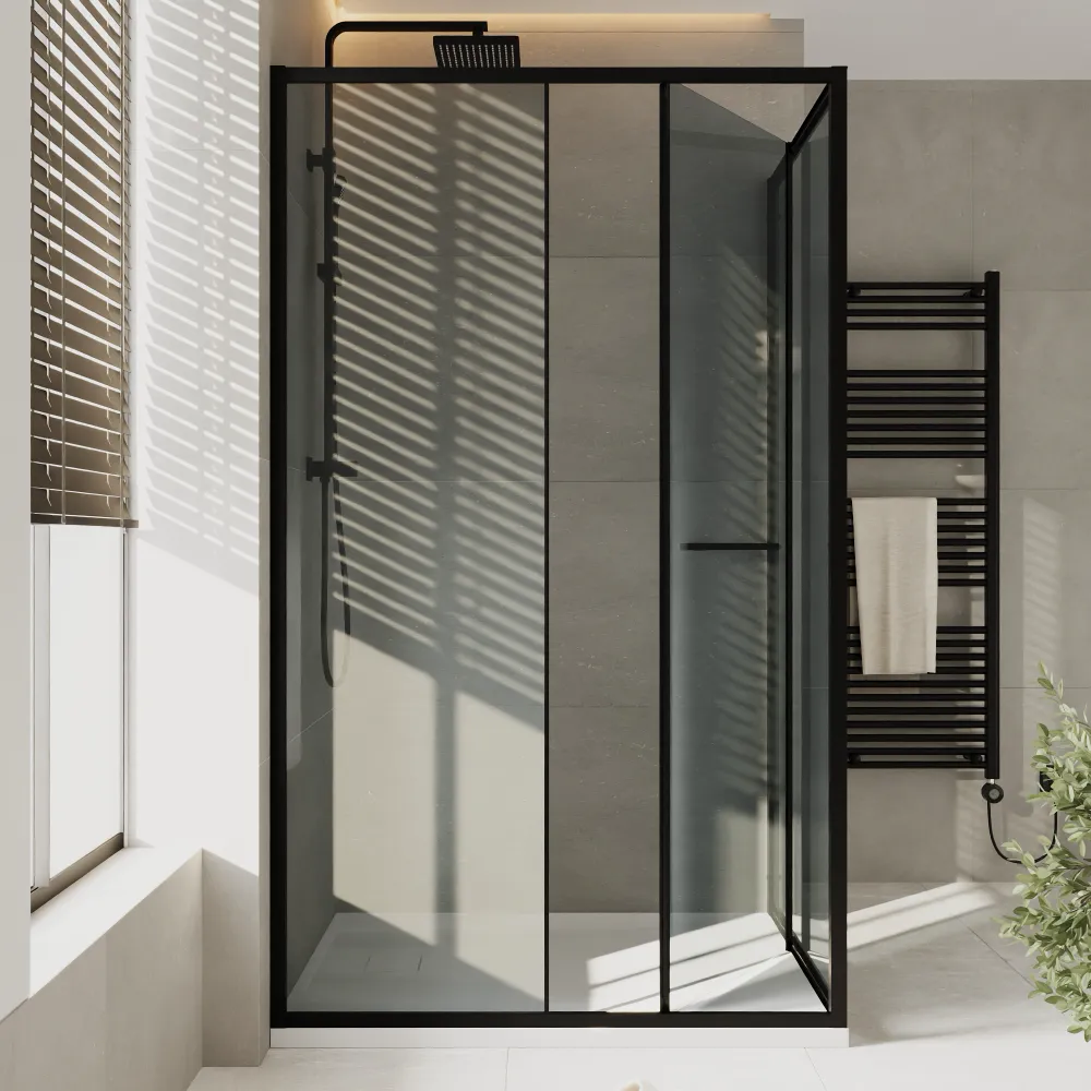 Box doccia angolare rototraslante 90x120cm profili nero opaco vetro 6mm fumè anticalcare h190 | Minorca Box doccia angolare rototraslante 90x120cm profili nero opaco vetro 6mm fumè anticalcare h190 | Minorca