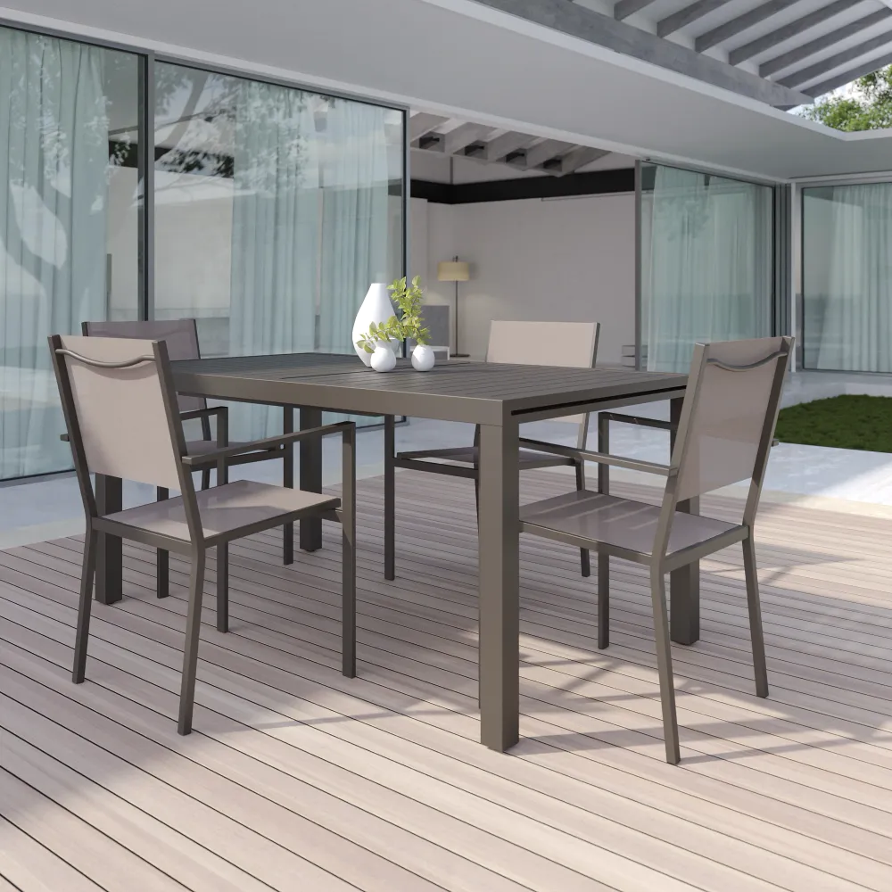 Set da esterno tortora con tavolo allungabile 160/240x75cm e 4 sedie in alluminio e textilene con braccioli squadrati | Marel