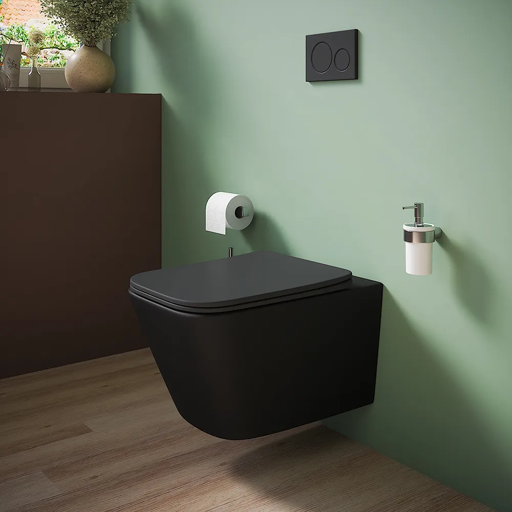 Vaso sospeso rimless in ceramica nero opaco con sedile soft-close | Kyoto Vaso sospeso rimless in ceramica nero opaco con sedile soft-close | Kyoto