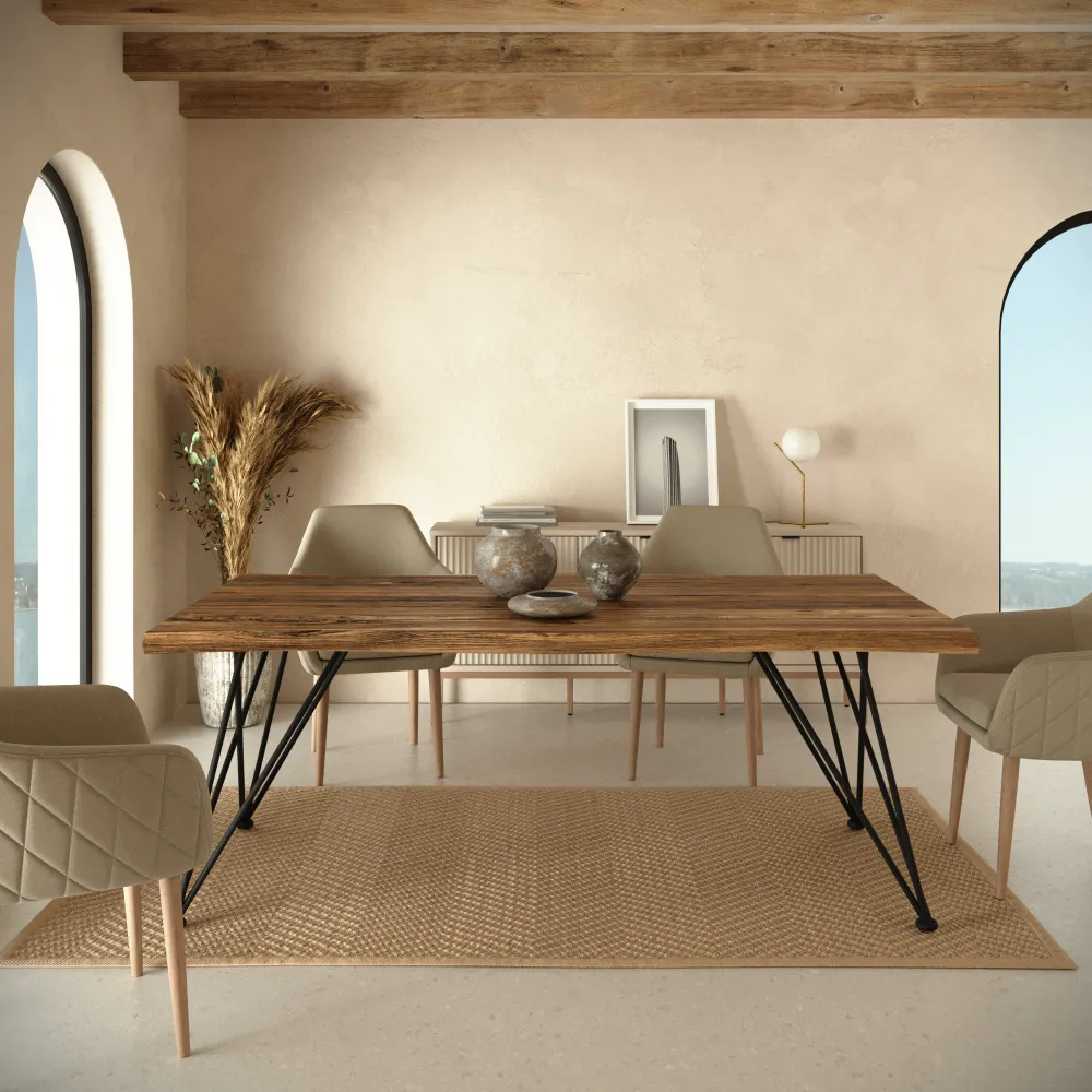 Tavolo rettangolare 180x90cm top in MDF 50mm effetto legno scuro e gambe in acciaio nero | Bersi