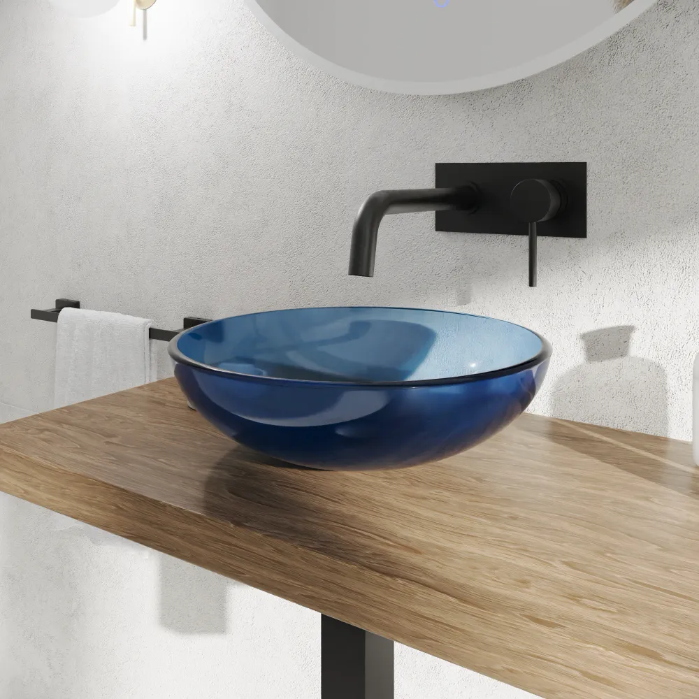 Lavabo da appoggio in vetro trasparente 39,5x39,5x14cm color blu | Aurea Lavabo da appoggio in vetro trasparente 39,5x39,5x14cm color blu | Aurea