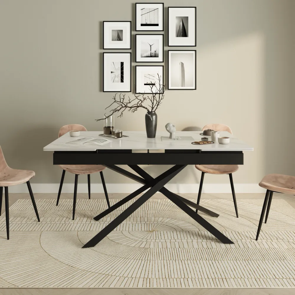 Tavolo allungabile 160-240x90cm top in ceramica effetto marmo e gambe incrociate in acciaio nero | Kari Tavolo allungabile 160-240x90cm top in ceramica effetto marmo e gambe incrociate in acciaio nero | Kari