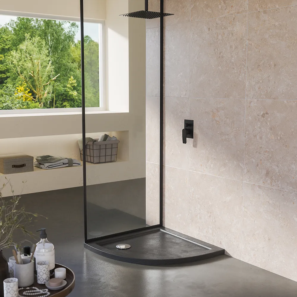 Piatto doccia 80x80 semicircolare bordato effetto pietra nero in acrilico altezza slim | Petra Piatto doccia 80x80 semicircolare bordato effetto pietra nero in acrilico altezza slim | Petra