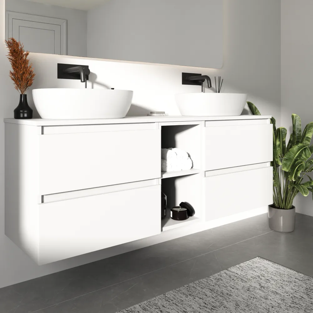 Mobile bagno sospeso 150cm quattro cassetti bianco opaco con top e vano a giorno | Hexa