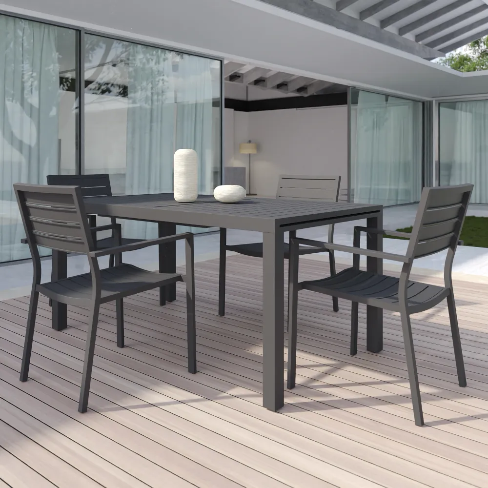 Set da esterno grigio con tavolo allungabile 160/240x75cm e 4 sedie in alluminio | Zenor