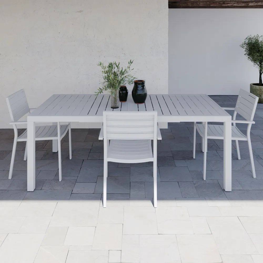 Set da esterno bianco con tavolo allungabile 200/300x75cm e 4 sedie in alluminio | Zenor