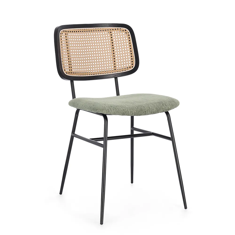 Set 2 sedie seduta verde con gambe in acciaio nero e schienale effetto rattan | Glenna Set 2 sedie seduta verde con gambe in acciaio nero e schienale effetto rattan | Glenna