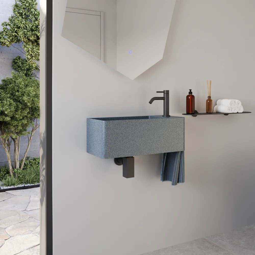 Lavabo sospeso a muro rettangolare in microcemento 55x23x20 cm grigio foro a destra | Kanas Lavabo sospeso a muro rettangolare in microcemento 55x23x20 cm grigio foro a destra | Kanas