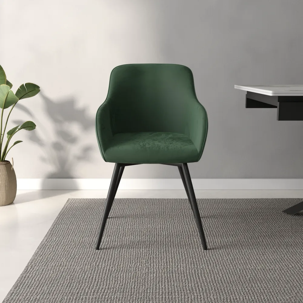 Set 2 sedie in velluto verde schienale e braccioli avvolgenti con gambe in acciaio nero | Diana