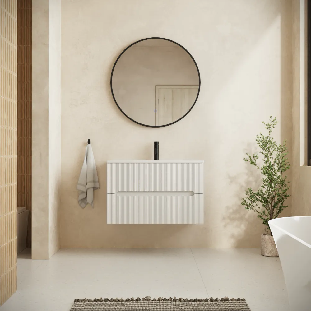 Mobile bagno sospeso 60cm due cassetti bianco opaco cannettato con lavabo | Tigua