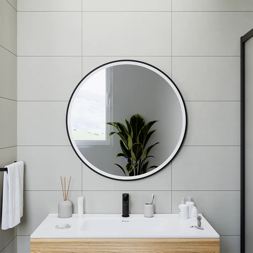 Specchio led tondo Ø 80 cm con cornice nero opaco e sensore touch-screen Specchio led tondo Ø 80 cm con cornice nero opaco e sensore touch-screen