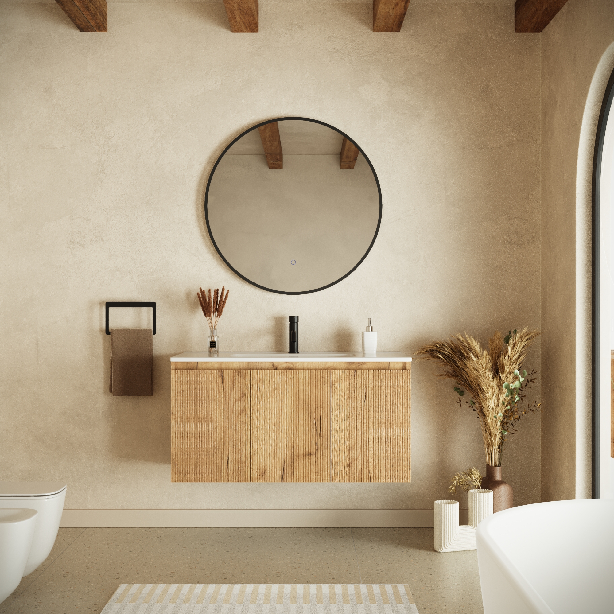 Mobile bagno sospeso 100cm tre ante rovere chiaro cannettato con lavabo bianco lucido | Pelion Mobile bagno sospeso 100cm tre ante rovere chiaro cannettato con lavabo bianco lucido | Pelion