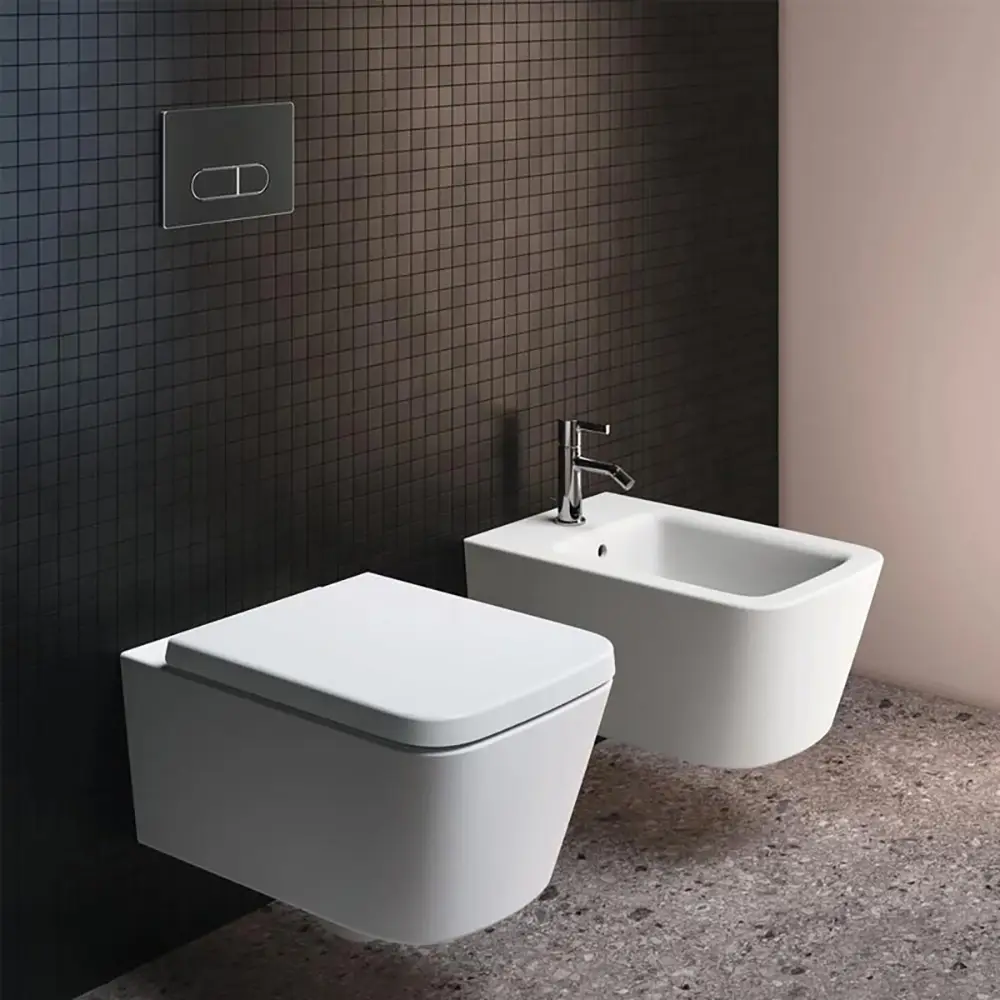 IDEAL STANDARD Coppia di sanitari sospesi: Bidet e Wc con sedile avvolgente Soft-Close | Blend Cube IDEAL STANDARD Coppia di sanitari sospesi: Bidet e Wc con sedile avvolgente Soft-Close | Blend Cube