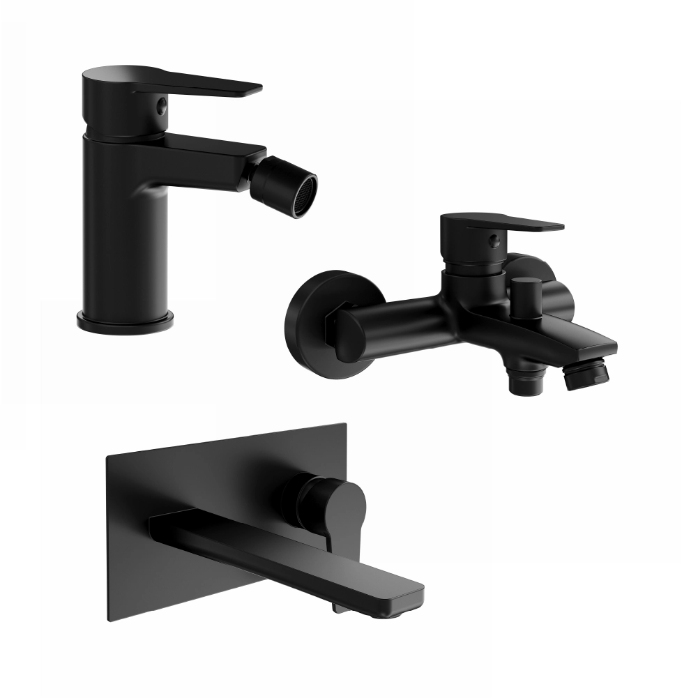 Set miscelatori: lavabo ad incasso bidet senza scarico ed esterno vasca c/rubinetto nero opaco | Jane Set miscelatori: lavabo ad incasso bidet senza scarico ed esterno vasca c/rubinetto nero opaco | Jane
