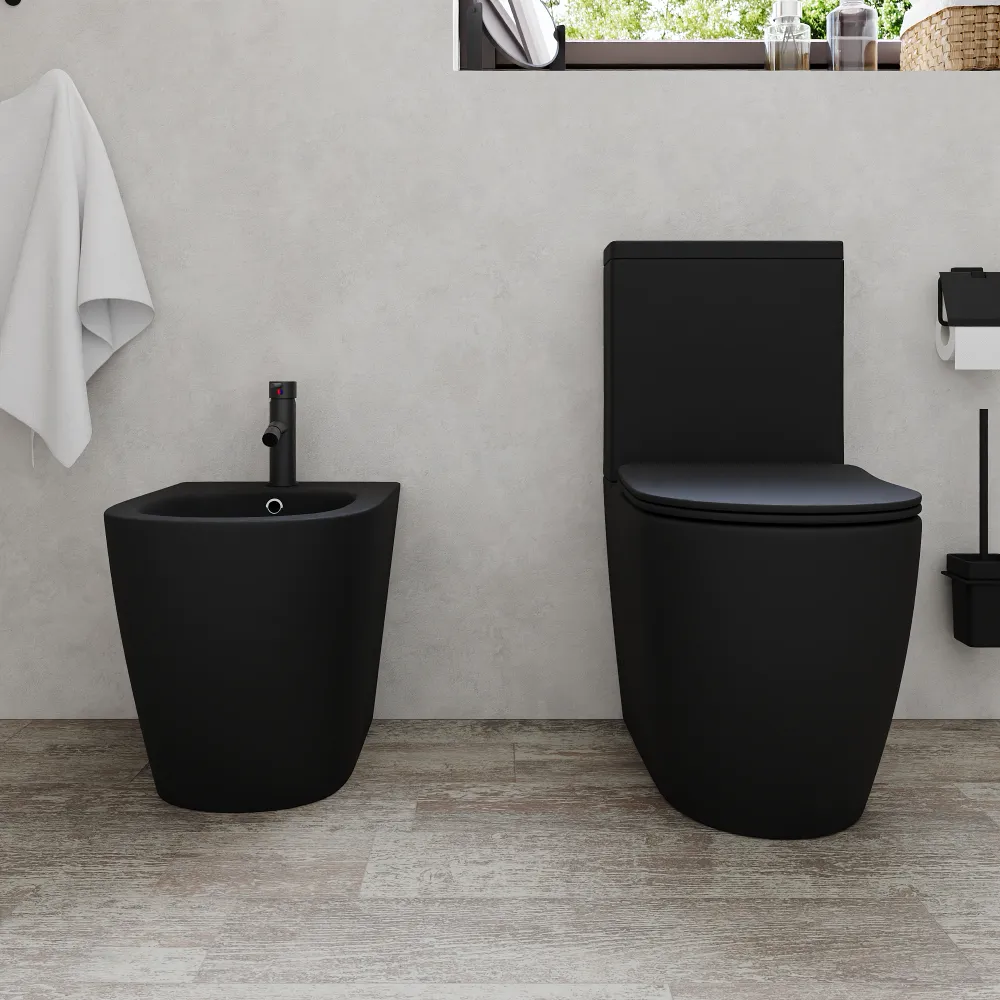 Coppia di sanitari filomuro vaso monoblocco rimless e bidet nero opaco | Europa Coppia di sanitari filomuro vaso monoblocco rimless e bidet nero opaco | Europa