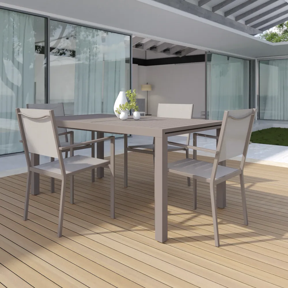 Set da esterno tortora con tavolo allungabile 160/240x75cm e 4 sedie in alluminio e textilene con braccioli squadrati | Marel