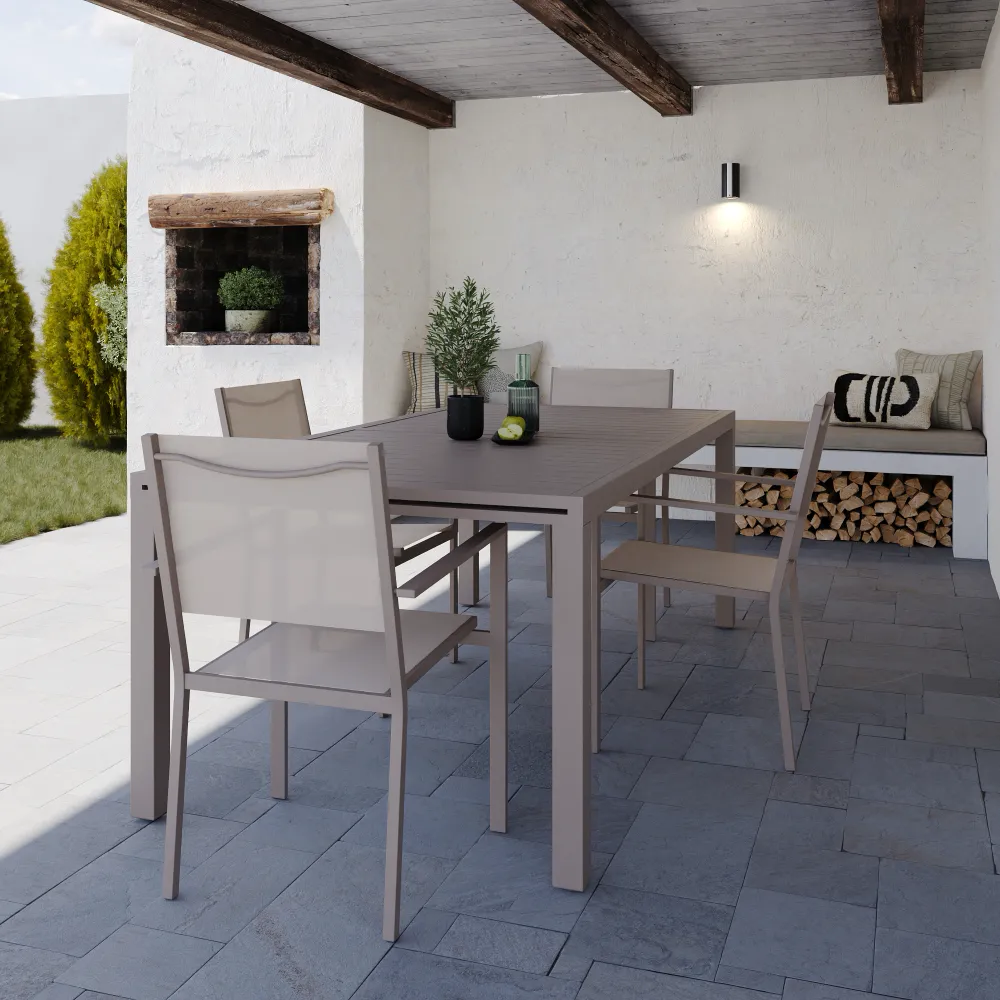 Set da esterno tortora con tavolo allungabile 200/300x75cm e 4 sedie in alluminio e textilene con braccioli squadrati | Marel Set da esterno tortora con tavolo allungabile 200/300x75cm e 4 sedie in alluminio e textilene con braccioli squadrati | Marel