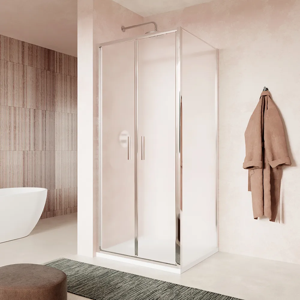 Box doccia slim 80x80cm con porta saloon e parete fissa profili cromati e vetro 6mm opaco h190| Portofino Box doccia slim 80x80cm con porta saloon e parete fissa profili cromati e vetro 6mm opaco h190| Portofino