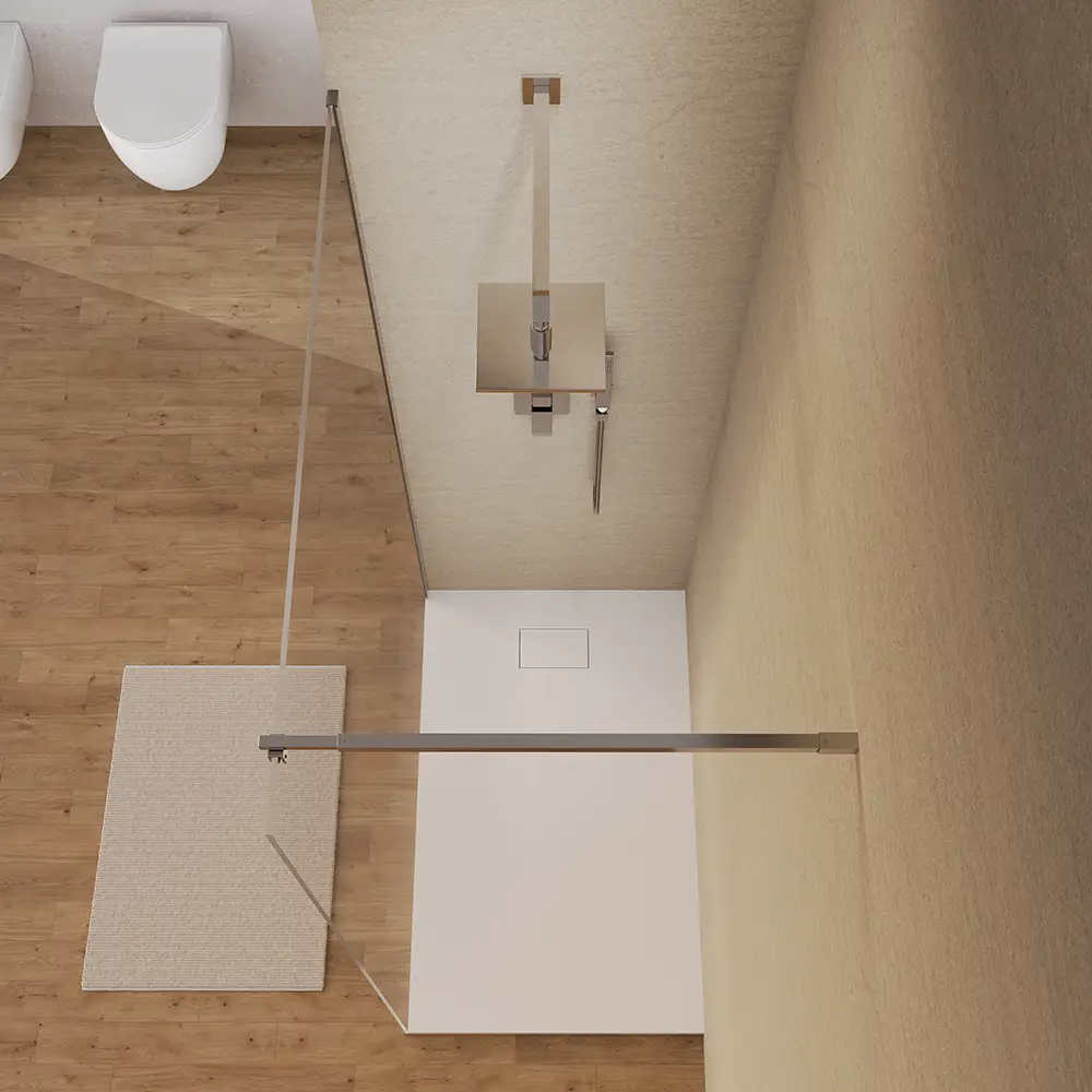 Vista superiore parete doccia walk-in Keros di Parama con profili cromo e vetro 8mm anticalcare Vista superiore parete doccia walk-in Keros di Parama con profili cromo e vetro 8mm anticalcare