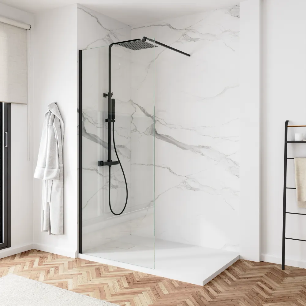 Doccia walk-in 120 cm vetro 8mm anticalcare trasparente h200 profili neri | Keros