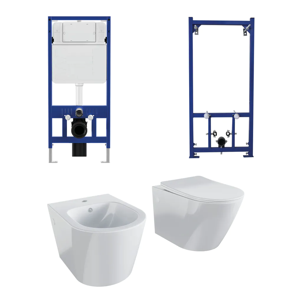 Kit coppia sanitari sospesi WC e bidet con sistema di scarico da incasso e telaio per bidet mod. Vienna bianco lucido