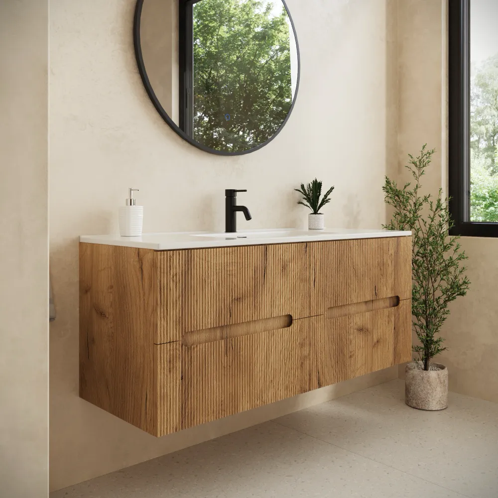 Mobile bagno sospeso 120cm quattro cassetti rovere chiaro cannettato con lavabo | Tigua Mobile bagno sospeso 120cm quattro cassetti rovere chiaro cannettato con lavabo | Tigua