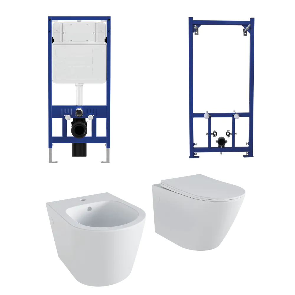 Kit coppia sanitari sospesi WC e bidet con sistema di scarico da incasso e telaio per bidet mod. Vienna bianco opaco